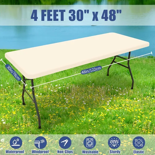 Vista 8 de Moosfor Paquete de 4 manteles rectangulares de elastano de 4 pies, elásticos y ajustables para pícnic, elásticos y lavables, para exteriores, Beige