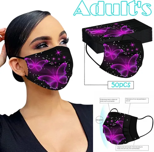 Vista 2 de Paquete de 50 mascarillas desechables para adultos y mujeres, diseño de mariposas, para el cuidado de la piel, transpirable, filtro de 3 capas