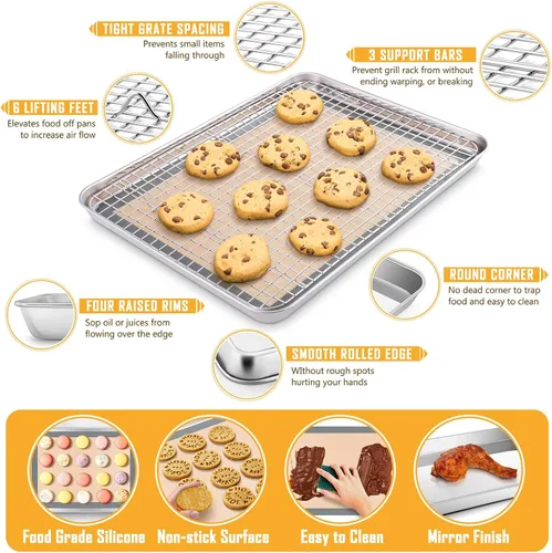Vista 3 de E-far - Juego de bandejas para hornear para horno tostador, bandeja pequeña de acero inoxidable de 10.5 x 8.3 pulgadas con rejilla de alambre