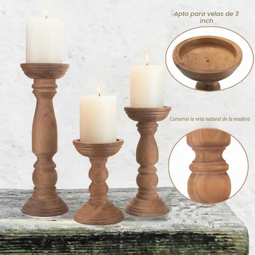 Vista 2 de Portavelas de Madera Estilo Granja para Velas de Pilar Juego de 3, Portavelas de Madera Rústica Decoración de Centro de Mesa, 12'' 9'' 6'' Soporte