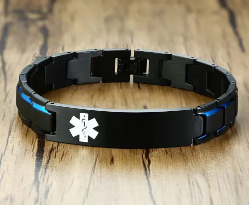 Vista 3 de VNOX Pulsera ajustable de acero inoxidable cepillado de 2 tonos con grabado personalizado gratis, identificación de alerta médica, unisex