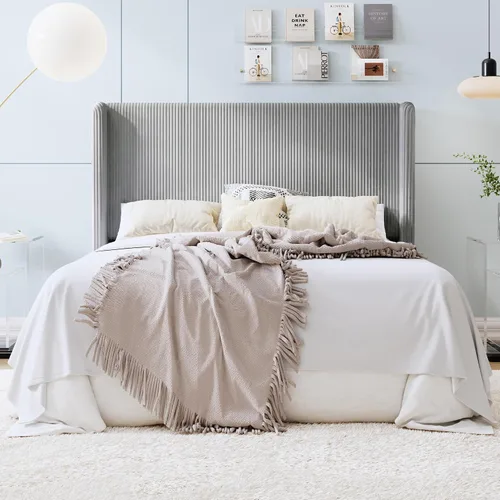 Vista 16 de SHA CERLIN - Base de cama tamaño Full tapizada en pana con plataforma y cabecera acolchada con diseño acanalado vertical estilo wingback, 8