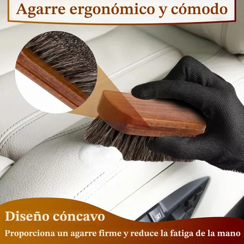 Vista 6 de 2 piezas cepillos de cuero para detallado de automóvil, cepillo de crin de caballo, cepillo de tapicería para limpieza, cepillo