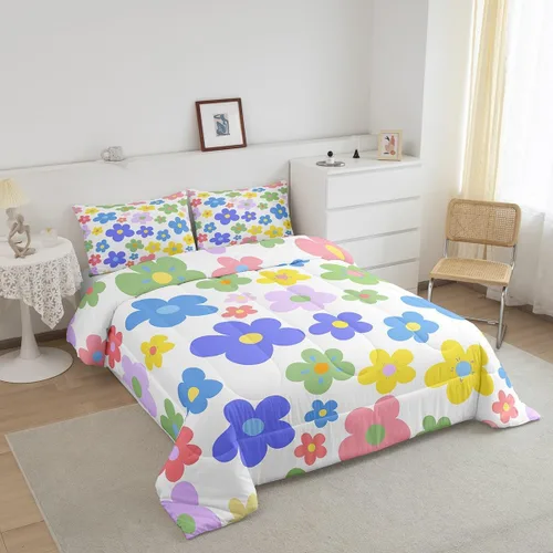 Vista 2 de Lindo juego de edredón de flores para niños y mujeres. Juego de ropa de cama de flores coloridas de dibujos animados, tamaño individual, bonito