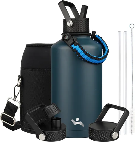 Vista 74 de Konokyo - Botella de agua aislada de 18 onzas, botellas deportivas de acero inoxidable con 3 tapas, verde militar