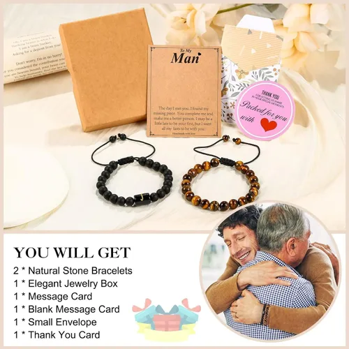 Vista 6 de MONOZO Regalos para el día del padre regalos para hombres y niños, 0.315 in, ojo de tigre y ágata negra, pulsera inicial con cuentas de piedra