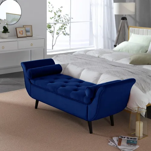 Vista 16 de Banco de terciopelo para dormitorio al pie de la cama, banco otomán tapizado con botones capitoné de 60.5 pulgadas con brazos curvos, otomán