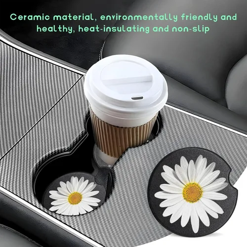 Vista 4 de Paquete de 2 posavasos para portavasos de coche, posavasos de cerámica absorbente con inserto para taza de margarita con muesca para el dedo, lindos