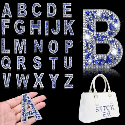 Vista 19 de Yinder 26 piezas de pegatinas de letras con purpurina y diamantes de imitación, diamantes de imitación para planchar, letras autoadhesivas A-Z Negro