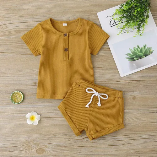 Vista 2 de Conjunto de pantalones cortos acanalados para bebé y niña, de punto y pantalones cortos de cordón sólido, ropa de verano