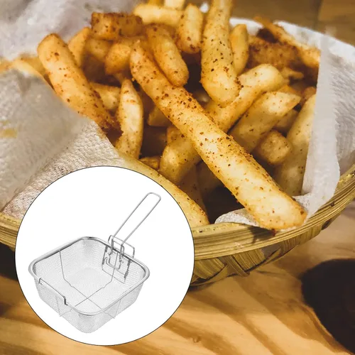 Vista 4 de Hemoton Cesta cuadrada de acero inoxidable para freír de 12.9 x 7.9 pulgadas con mango plegable, colador de freidora profunda para papas fritas