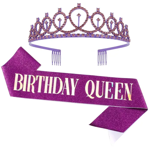 Vista 14 de CAVETEE - Juego de corona y banda de reina de cumpleaños para mujer, banda y tiara de diamantes de imitación, decoraciones de cumpleaños negras Negro