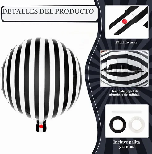 Vista 5 de 12 globos de rayas blancas y negras, globos de aluminio de Halloween de 18 pulgadas, globos a rayas negras para fiesta de cumpleaños, baby shower