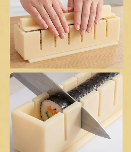 Vista 4 de Oshizushi - Molde de prensa de sushi rectangular, kit de 3 piezas, herramienta profesional para hacer musubi con ranuras de corte, molde de sushi