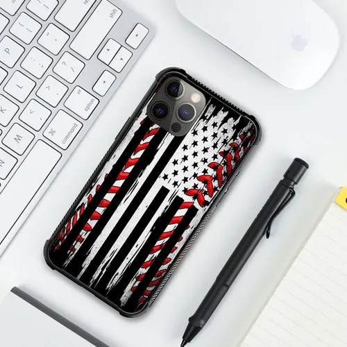 Vista 5 de Compatible con iPhone 12 Mini Funda, Bandera Americana de Béisbol TPU Suave Parachoques Resistente a Golpes Cubierta Trasera de Vidrio Templado