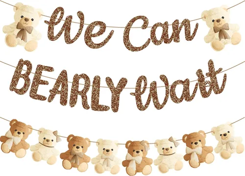 Vista 10 de Decoración de baby shower con texto en inglés «We Can Bearly Wait», 2 unidades, oso para baby shower, porche, letrero de revelación de género