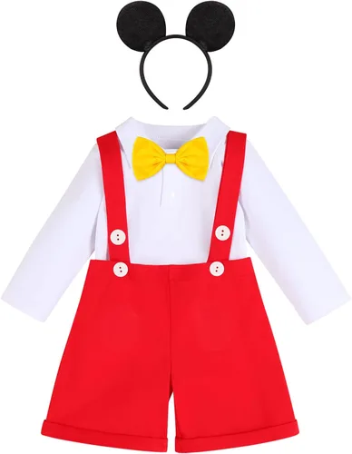 Vista 7 de IBTOM CASTLE Conjunto de caballero para primer cumpleaños para bebé, niño, traje formal con pajarita, babero, pantalones, orejas, conjunto