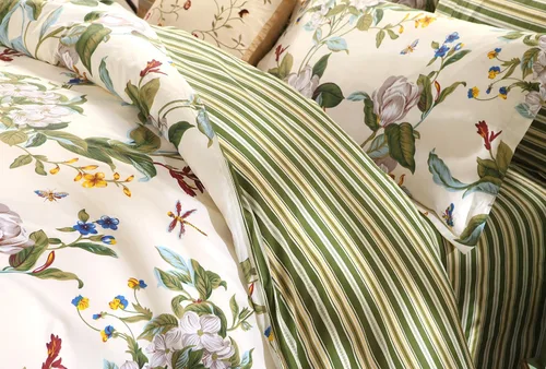 Vista 6 de FADFAY Juego de funda de edredón floral 100% algodón a rayas verdes y beige, ropa de cama de flores desgastadas con diseño de ramas botánicas
