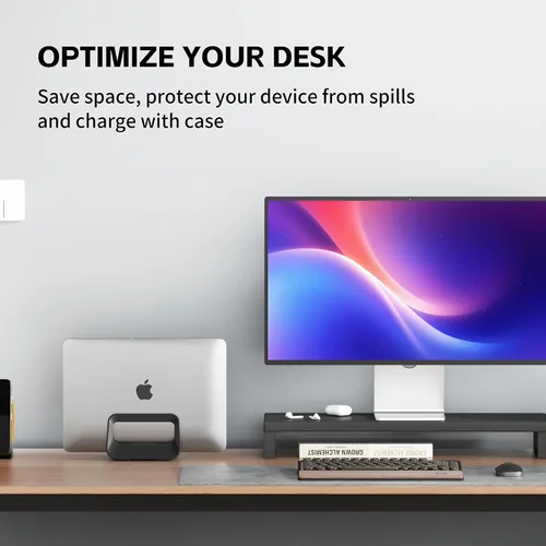 Vista 5 de Soporte vertical para computadora de escritorio, soporte de plástico para laptop con protección de silicona, compatible con todos los Negro