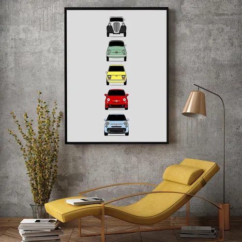 Vista 4 de Custom Car Posters Póster hecho a mano compatible con Fiat 500 generaciones e impresión de Fiat 500 (Topolino, 500 Nuova, 126, 500 L), multicolor
