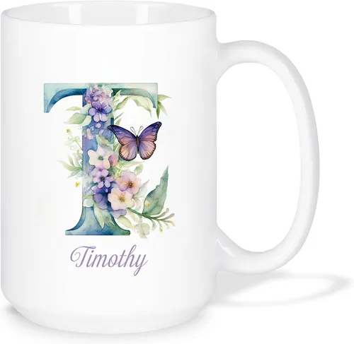 Vista 26 de Taza de café personalizada de la letra A del alfabeto, Taza de café blanca con nombre personalizado único, Taza inicial de monograma floral