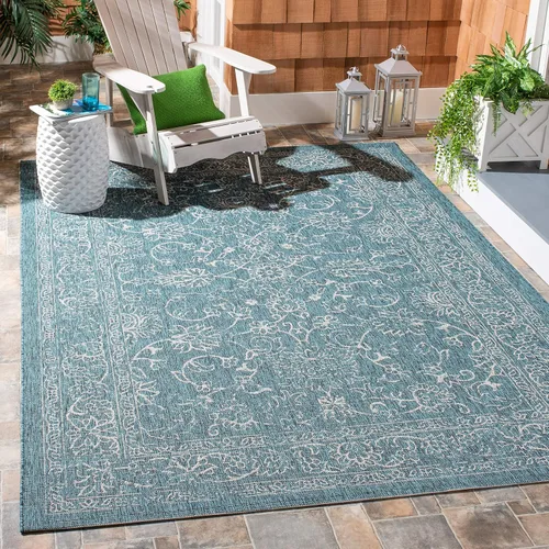 Vista 100 de SAFAVIEH Alfombra lavable al aire libre, colección Courtyard - 2'3" x 5', azul aguamarina y gris, no desprende pelusa y fácil limpieza, ideal