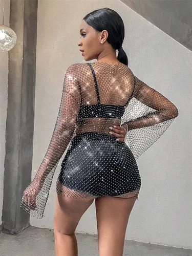 Vista 5 de Ingemark Bikini de malla transparente de moda para mujer con cuello en V y manga larga con malla
