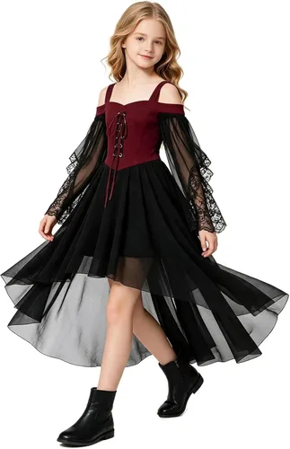 Vista 5 de Vestido de bruja gótica steampunk para niñas, disfraz de vampiro, cosplay Rojo