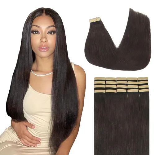Vista 43 de Extensiones de cabello Lashey de 14 pulgadas; extensiones de cabello humano real lacio color negro azabache con trama adhesiva para mujeres, 20