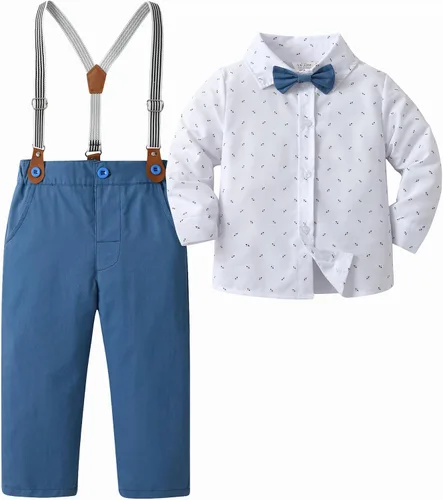 Vista 19 de Conjunto de pantalones para bebé, camisa de manga larga + pantalones + corbatín + tirantes, trajes de caballero para niños pequeños