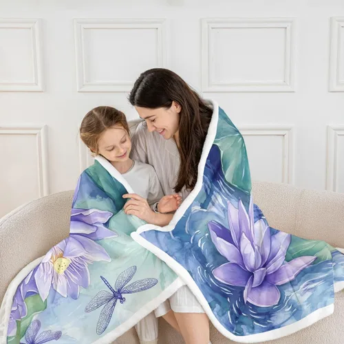 Vista 2 de Manfei Manta de flores de loto morado, manta de cama bohemia con libélula para niños, niñas, adultos, manta floral de acuarela para sofá, manta