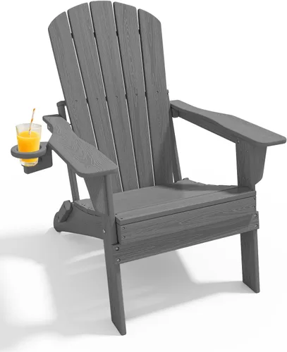 Vista 18 de Juego de sillas plegables Adirondack de 3 piezas, respaldo extra alto de 38 pulgadas y grano de madera en relieve, muebles de patio de polietileno