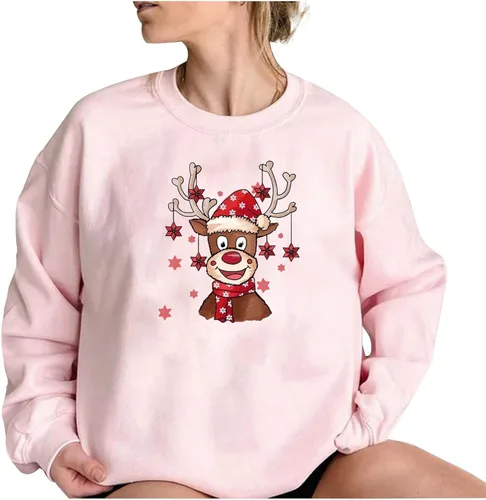 Vista 2 de Womens Pink Christmas Sweatshirts Novelty Funny Santa Shirts Xmas Tree Graphic Sweatshirt Casual Long Sleeve Pullover