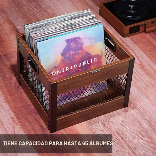Vista 4 de X-cosrack Caja de almacenamiento de discos de vinilo, organizador de discos LP de madera, con capacidad para 60 a 80 discos cada uno, 2 paquetes