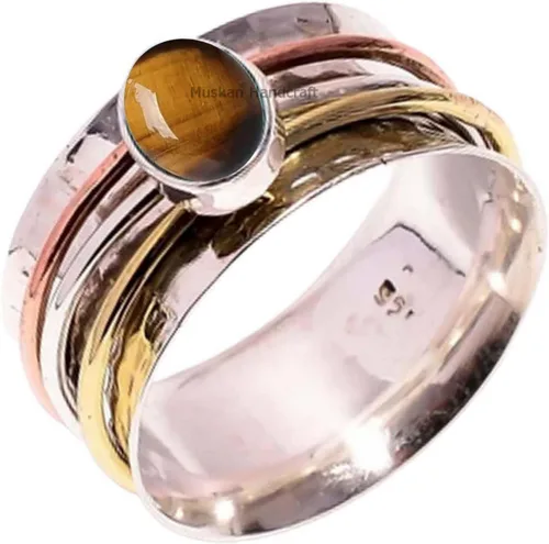 Vista 18 de Anillo giratorio hecho a mano de plata de ley 925 / anillo giratorio martillado / anillo giratorio de 3 tonos/anillo de banda bohemio/anillo