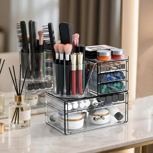 Vista 3 de ShineMe Organizador de maquillaje acrílico, organizador de cosméticos apilable de 2 niveles para tocador con soporte giratorio de 360° para brochas