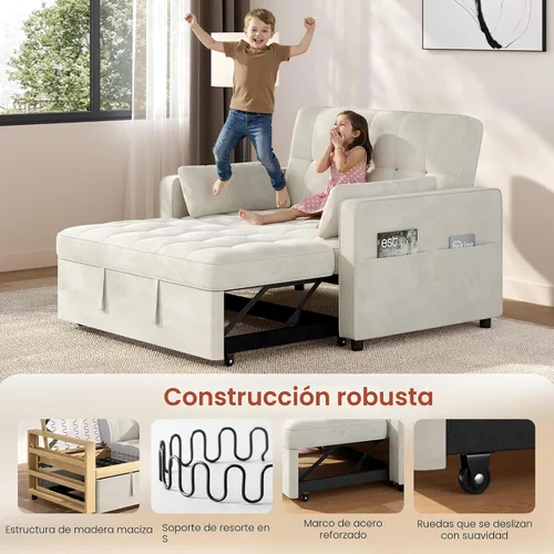 Vista 4 de Yaheetech Sofá cama convertible 3 en 1, sofá cama plegable de terciopelo con respaldo ajustable, almohadas para reposabrazos, puertos USB, bolsillos