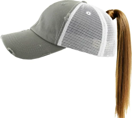 Vista 10 de Funky Junque - Gorro de béisbol para mujer, gorro de papá, gorro con cola de caballo, gorro con pelo despeinado, gorro pony. Negro - Malla Beige