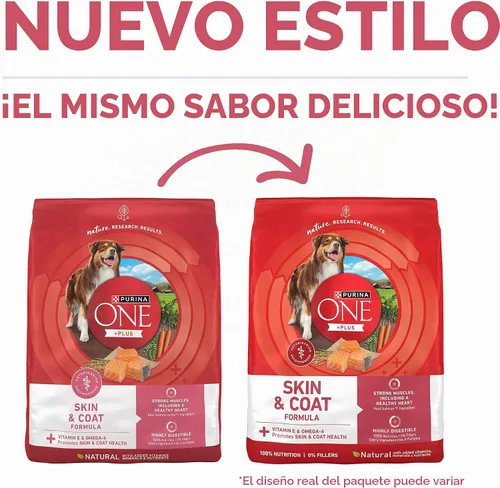 Vista 2 de Purina ONE Plus Skin & Coat - Alimento seco para perros con estómago sensible, bolsa de 8 libras Elaborado con salmón real, con vitamina E