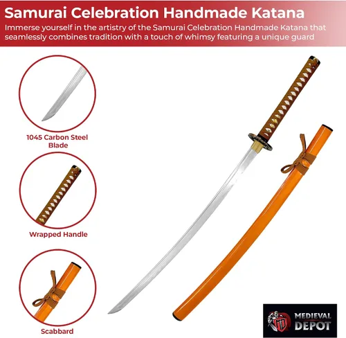 Vista 3 de MedievalDepot Samurai Celebration - Katana hecha a mano, en total, hoja de acero al carbono 1045 de 40 pulgadas, protector vibrante, mango de piel