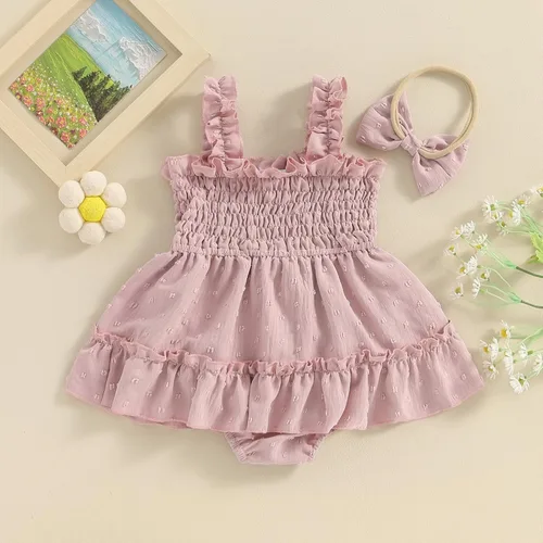 Vista 14 de Mameluco de verano para niña, sin mangas, vintage, con burbujas, vestido de mameluco lindo y diadema