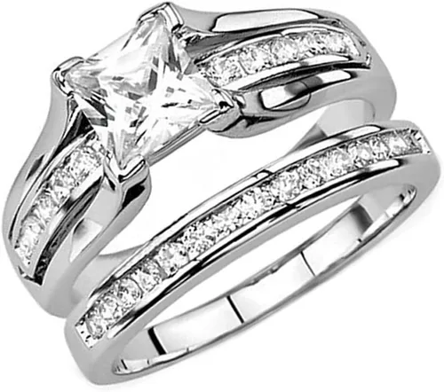 Vista 2 de Juego de anillos nupciales de plata de ley 925 de 3 quilates con circonita cúbica de corte princesa para mujer