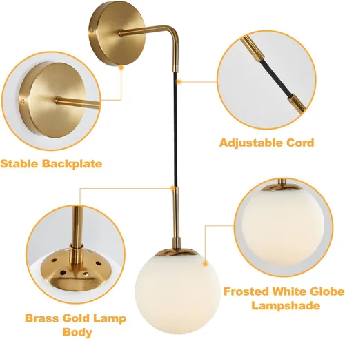 Vista 3 de KCO Lighting Juego de dos apliques de pared de vidrio blanco esmerilado con globo esférico dorado de latón, luz de pared con cable ajustable