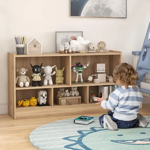 Vista 20 de MEDIMALL Organizador de almacenamiento de juguetes para niños de 5 cubos, estante de almacenamiento de madera de 2 niveles para libros y juguetes