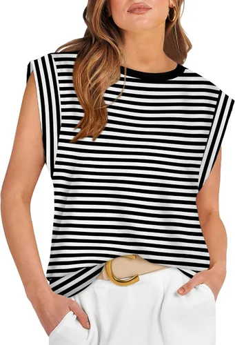 Vista 14 de WIHOLL Camisetas de mangas casquillo para mujer, camisetas básicas de verano, camisetas informales sin mangas, ajuste holgado, a la moda D - Raya