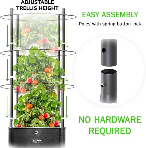 Vista 5 de Outland Living Maceta grande para tomates con enrejado de metal de 68 pulgadas, maceta de tela de 20 galones con drenaje, jaulas altas para trepar