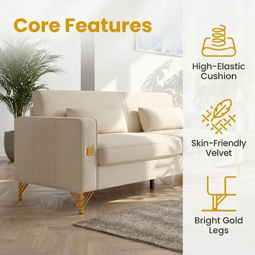 Vista 4 de Sofá de terciopelo de 85.63 pulgadas, moderno sofá biplaza con almohadas, juego de 2 para sala de estar, dormitorio, muebles de apartamento con Beige