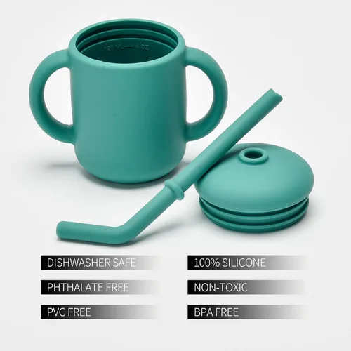 Vista 3 de Paquete de 2 tazas para beber 100% silicona para bebé, taza pequeña de entrenamiento de silicona con asas y popote para bebés y niños pequeños verde