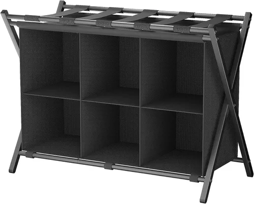 Vista 9 de Huhote Portaequipajes para habitación de invitados, soporte plegable para maleta con estante de almacenamiento de tela de 6 cubos, soporte