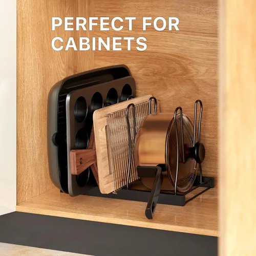 Vista 7 de SIMPLE HOUSEWARE Organizador de sartenes de altura ajustable con 5 compartimentos, color negro